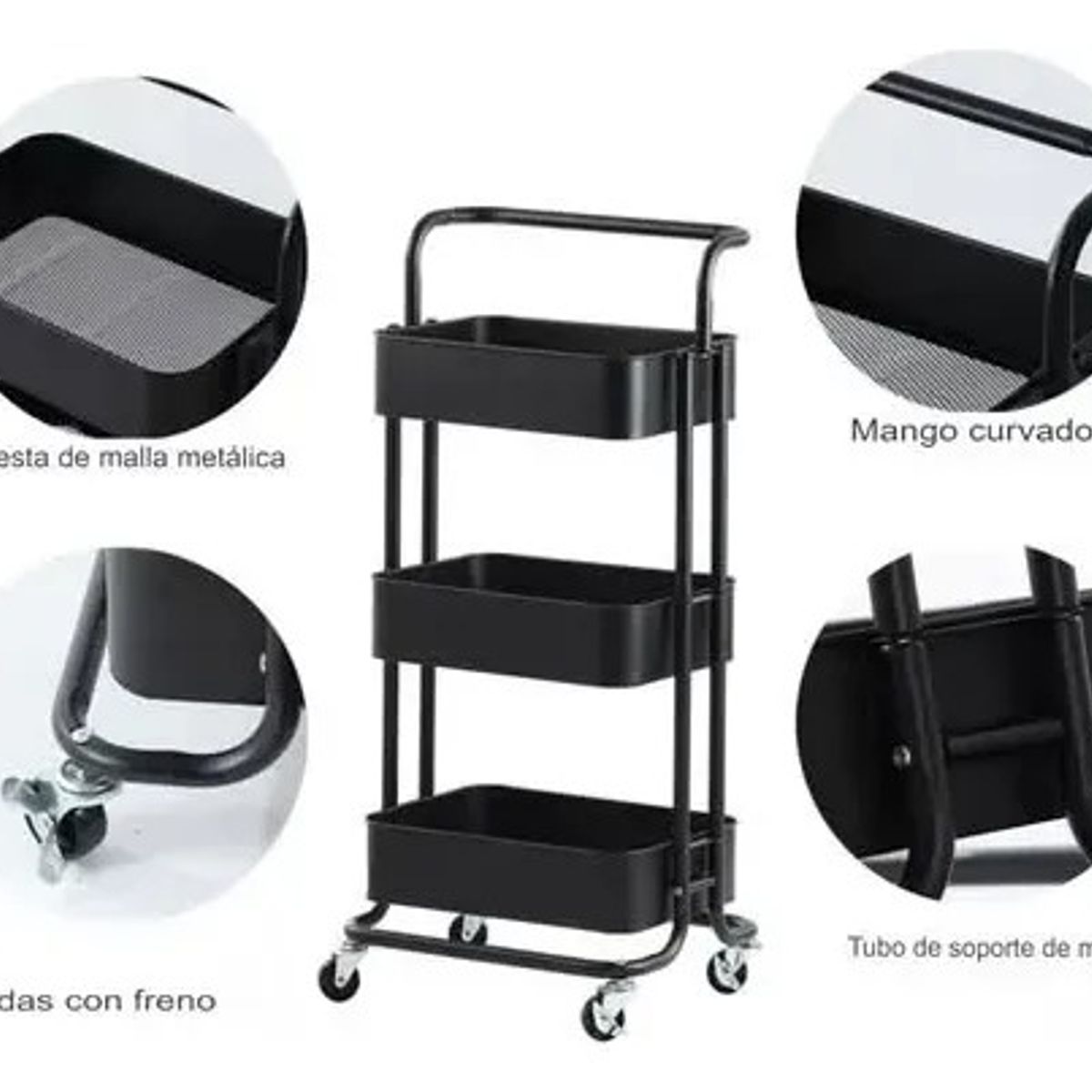 GENERICO - Carrito Organizador Almacenamiento 3 Niveles Con Ruedas Negro