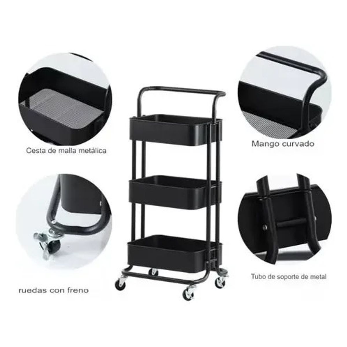 GENERICO - Carrito Organizador Almacenamiento 3 Niveles Con Ruedas Negro