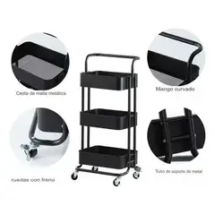 GENERICO - Carrito Organizador Almacenamiento 3 Niveles Con Ruedas Negro