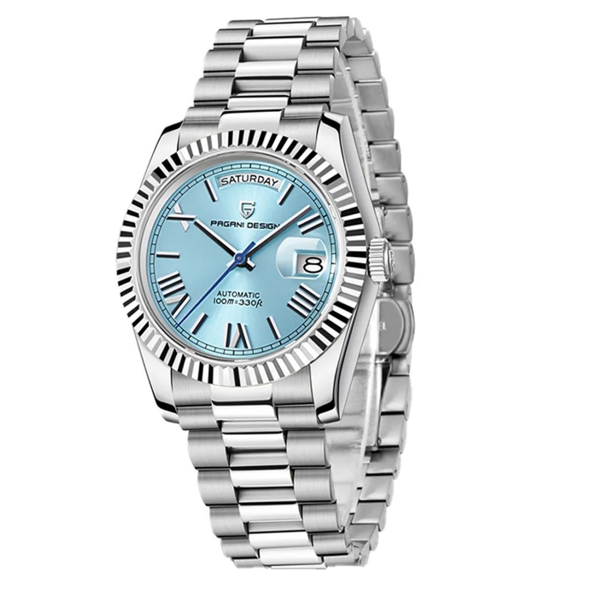 PAGANI - Reloj Pagani Design President + Cristral Zafiro Automatico 36mm Plateado Ice Blue