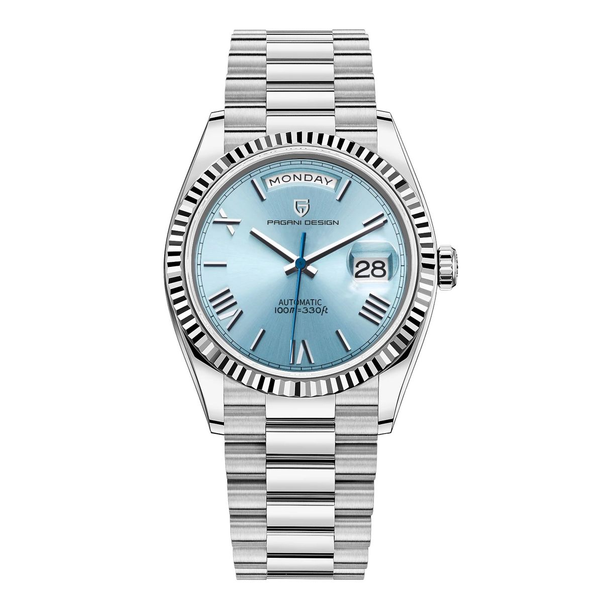 PAGANI - Reloj Pagani Design President + Cristral Zafiro Automatico 36mm Plateado Ice Blue