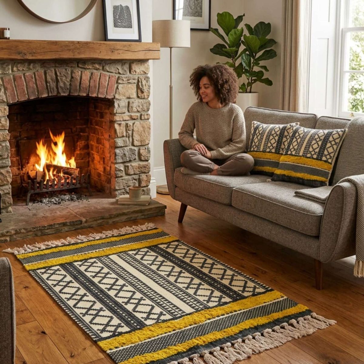 GENERICO - Pack Alfombra 60x90 cm + 2 Fundas de Cojín con Bordado Tufting y Flecos