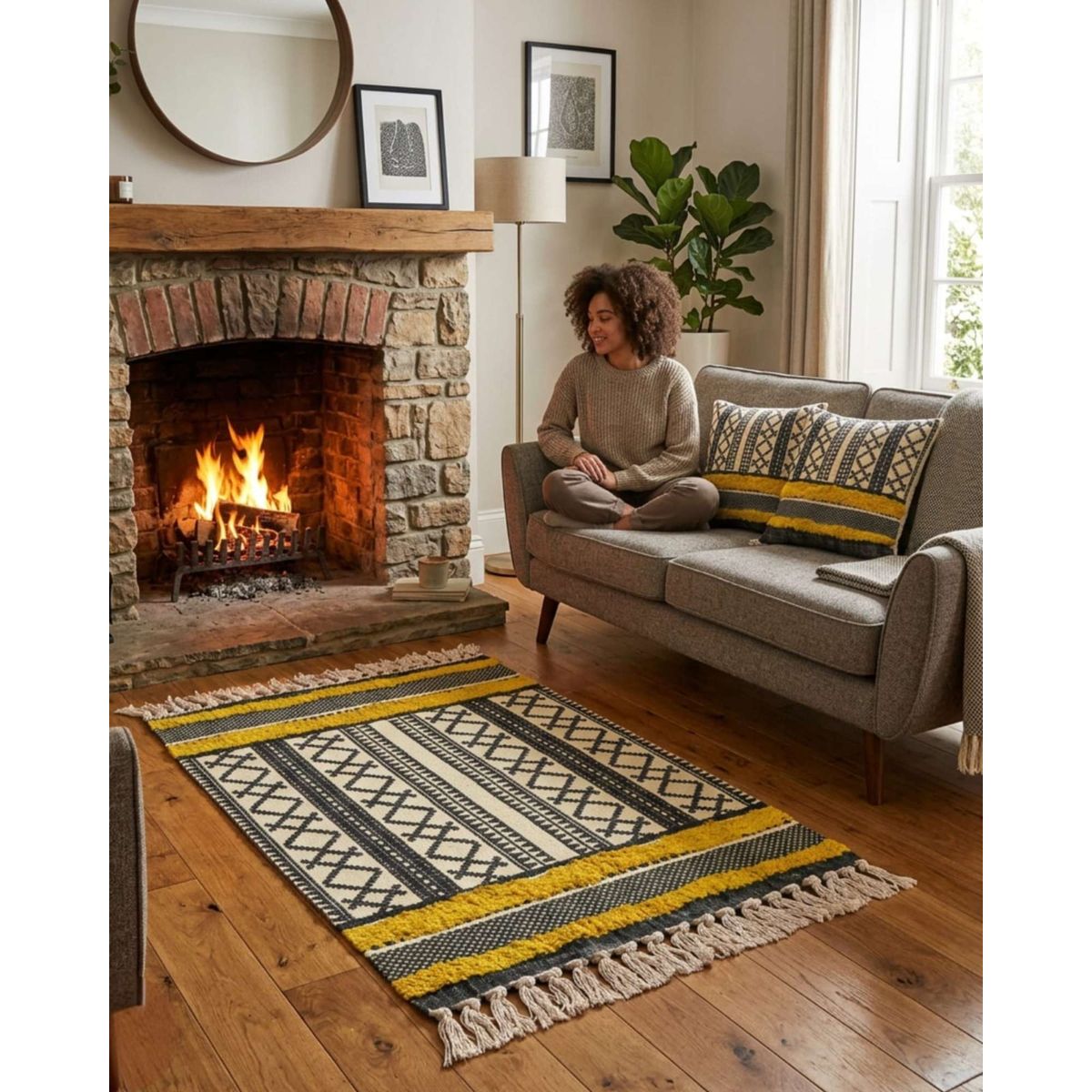 GENERICO - Pack Alfombra 60x90 cm + 2 Fundas de Cojín con Bordado Tufting y Flecos