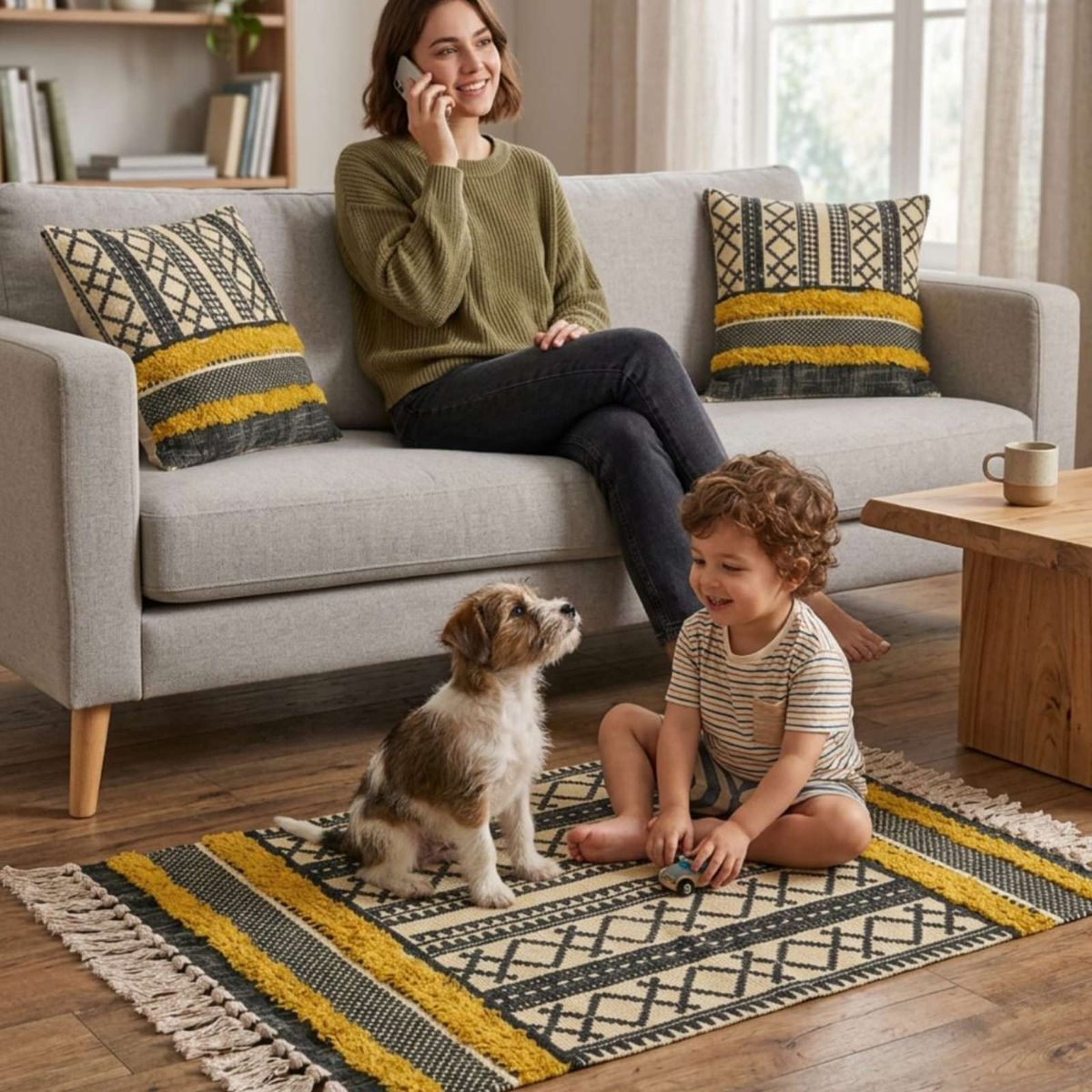 GENERICO - Pack Alfombra 60x90 cm + 2 Fundas de Cojín con Bordado Tufting y Flecos
