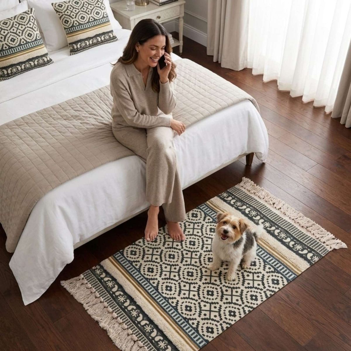 GENERICO - Pack Alfombra 60x90 cm + 2 Fundas de Cojín con Bordado Tufting y Flecos