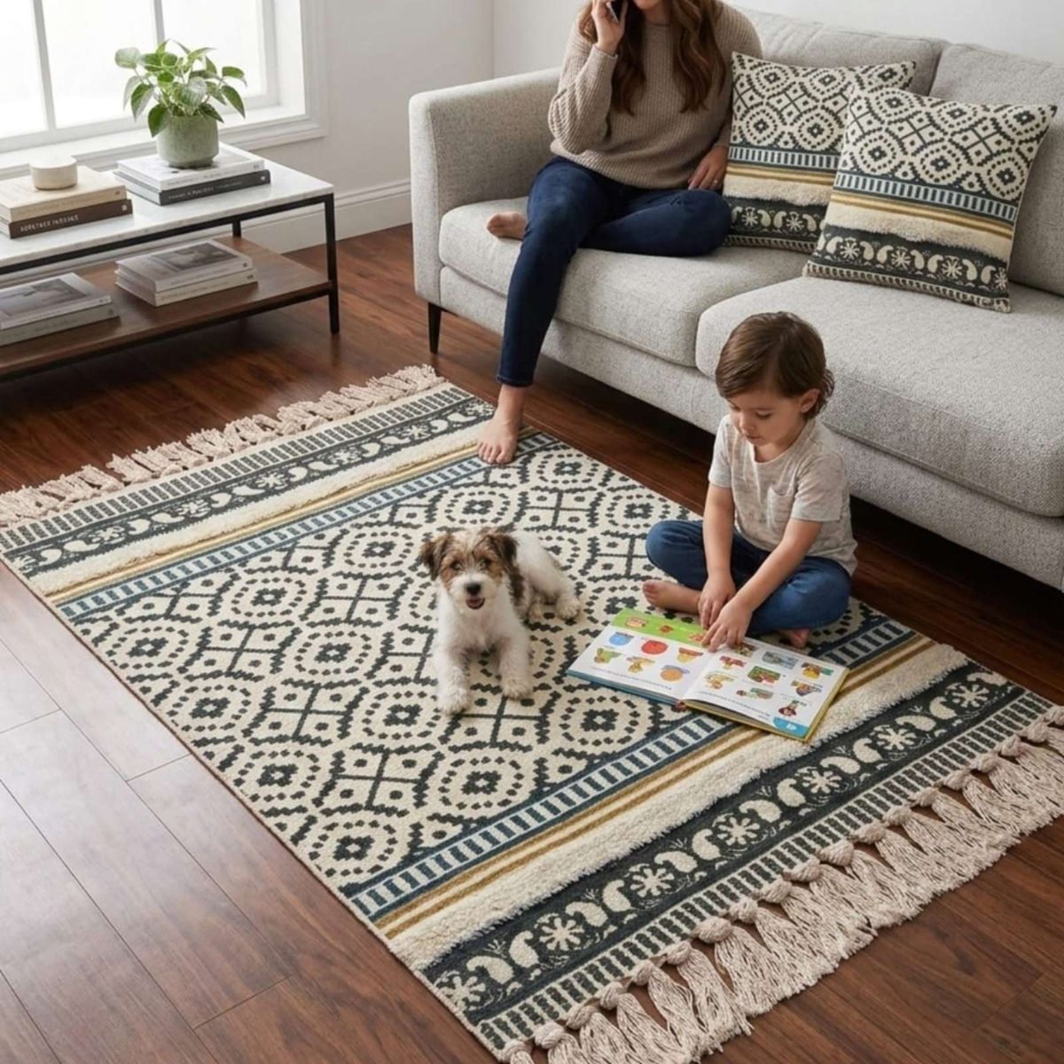 GENERICO - Pack Alfombra 60x90 cm + 2 Fundas de Cojín con Bordado Tufting y Flecos