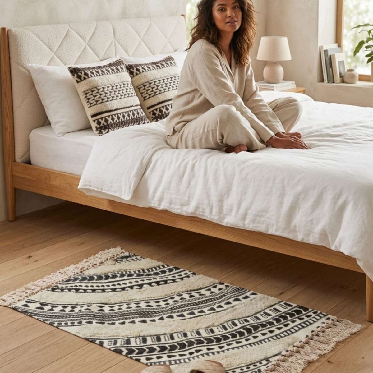 GENERICO - Pack Alfombra 60x90 cm + 2 Fundas de Cojín con Bordado Tufting y Flecos