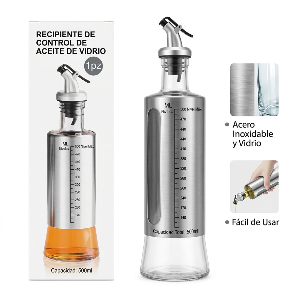 GENERICO - Aceitera De Vidrio Y Acero Inoxidable 500ml Con Vertedor