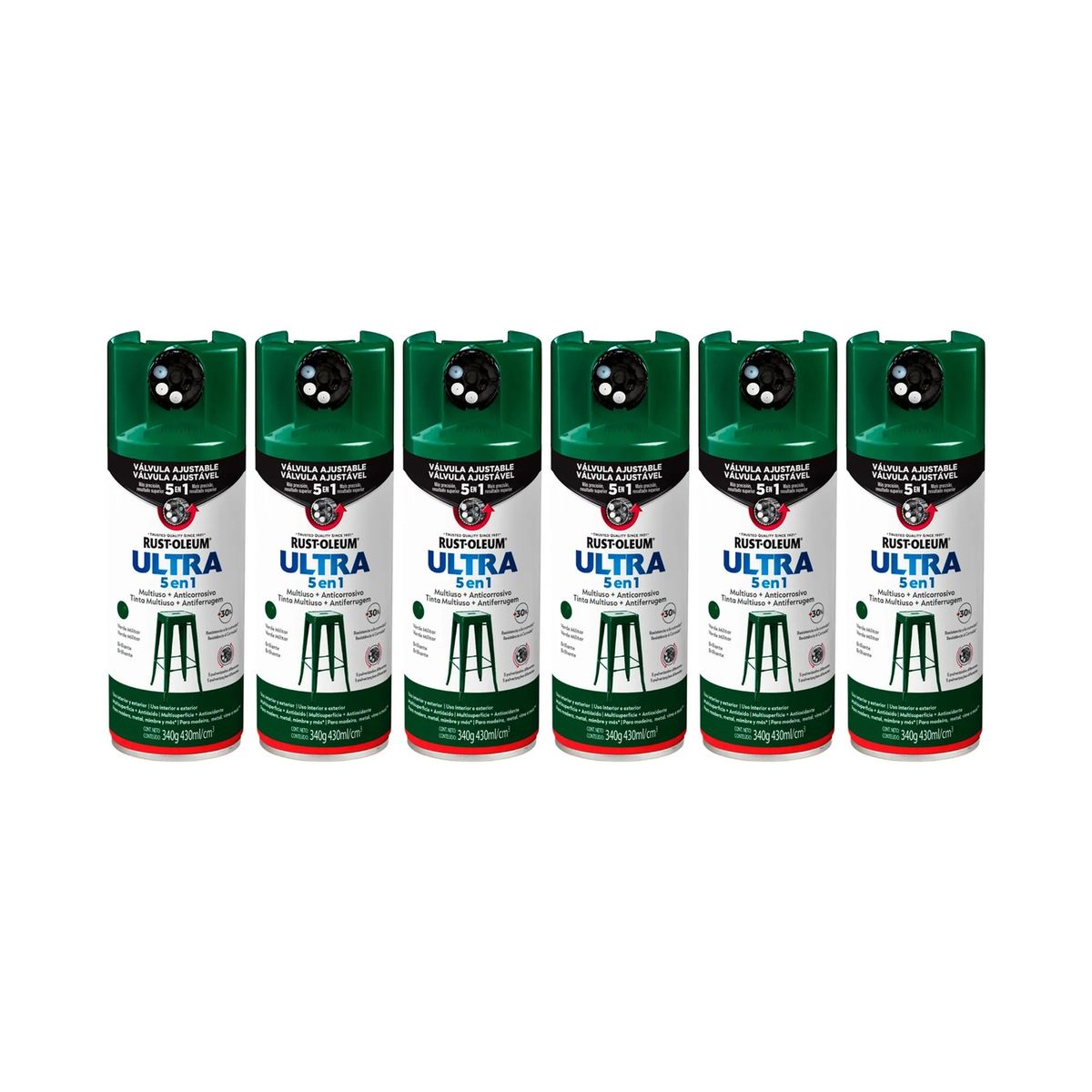 RUST-OLEUM - 6 Pack Pintura Ultra 5 en 1 Multisuperficie Anticorrosiva Verde Militar Brillante 700010