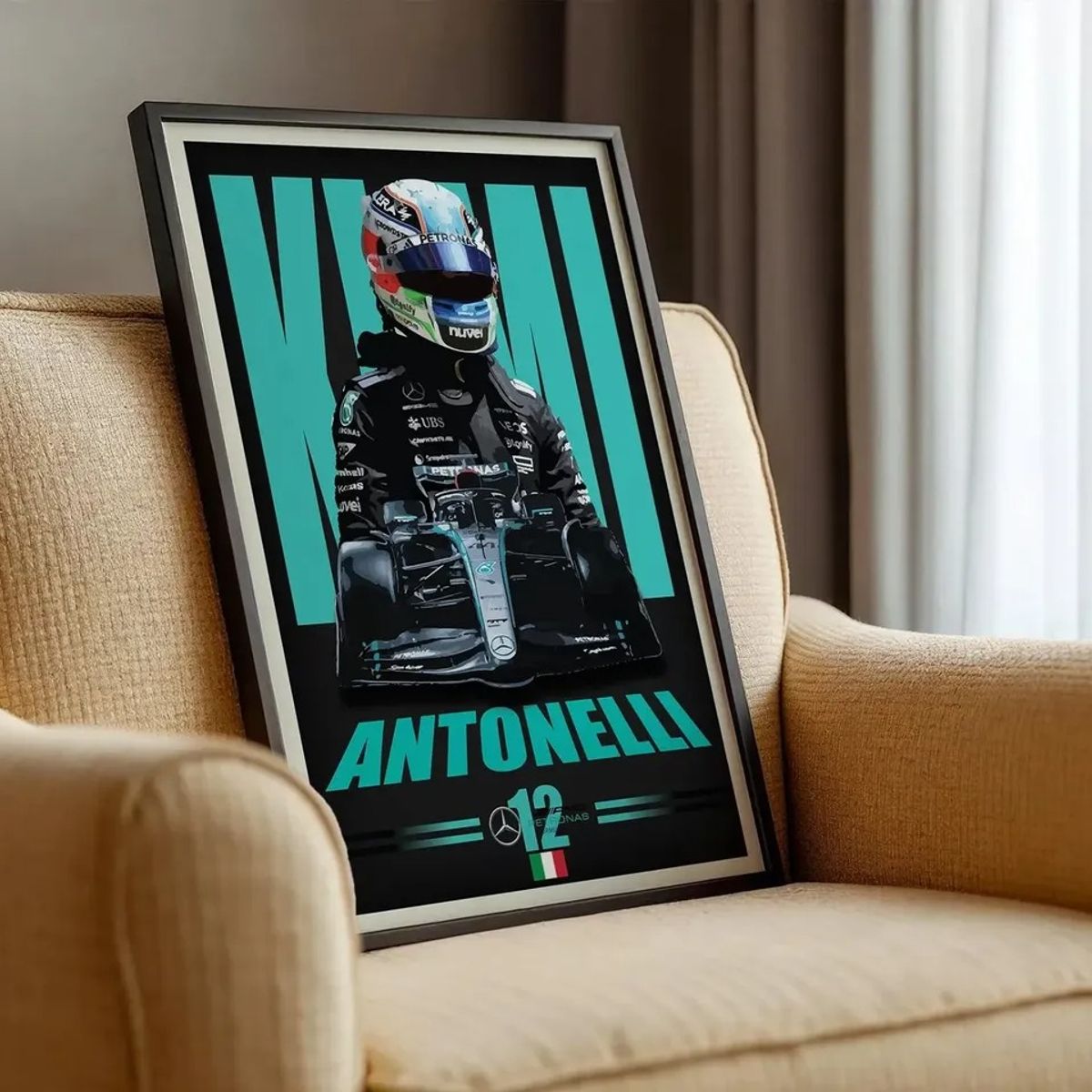 GENERICO - Cuadro Fórmula 1 Andrea Kimi Antonelli I Mercedes Benz AMG F1 Decoración Automovilismo Marco Negro