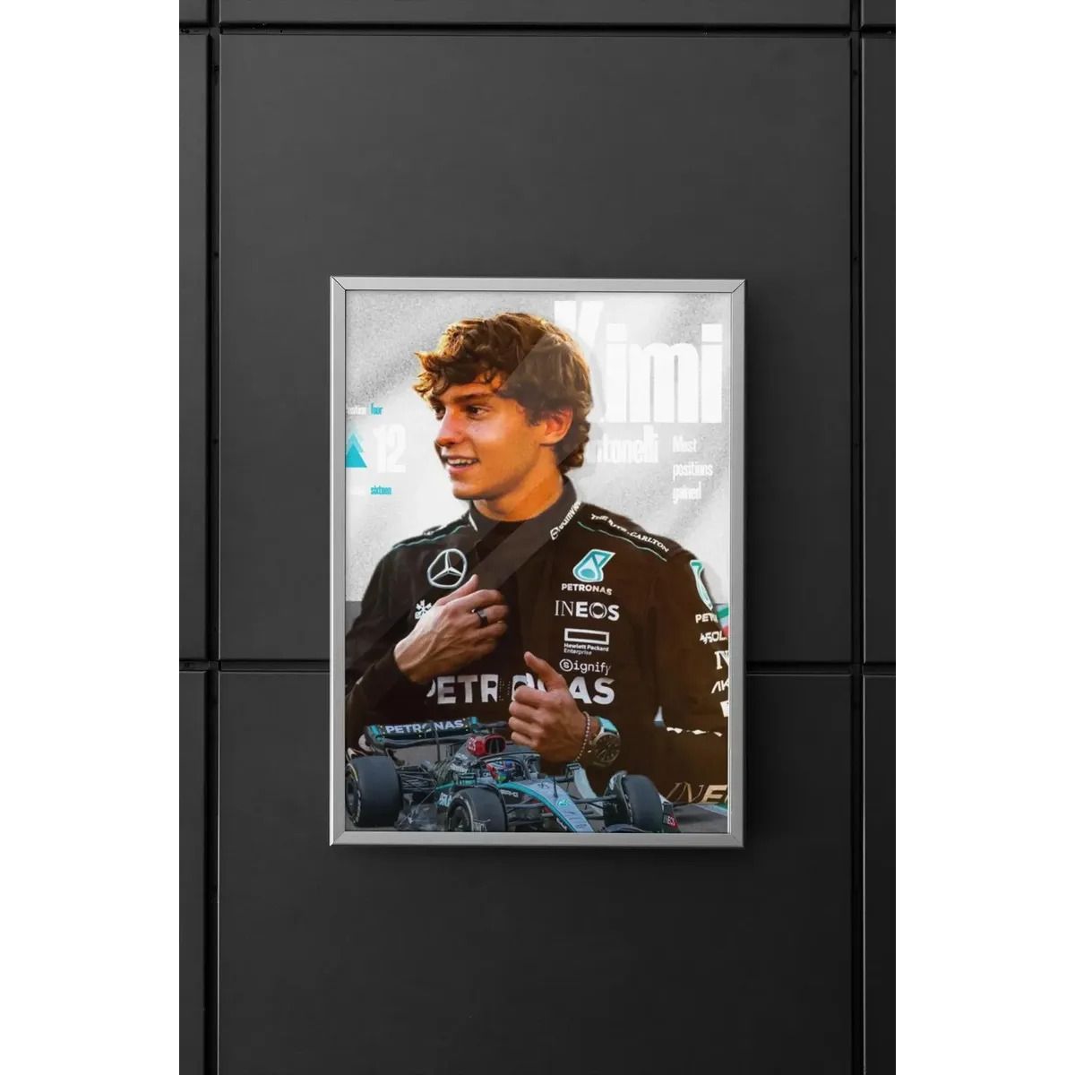 GENERICO - Cuadro Fórmula 1 Andrea Kimi Antonelli III Mercedes Benz AMG F1 Decoración Automovilismo Marco Negro