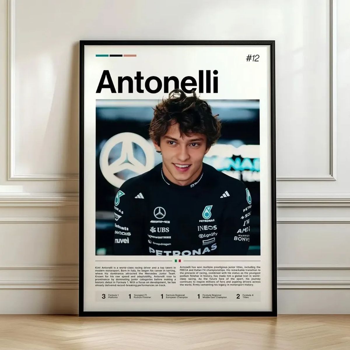 GENERICO - Cuadro Fórmula 1 Andrea Kimi Antonelli IV Mercedes Benz AMG F1 Decoración Automovilismo Marco Negro