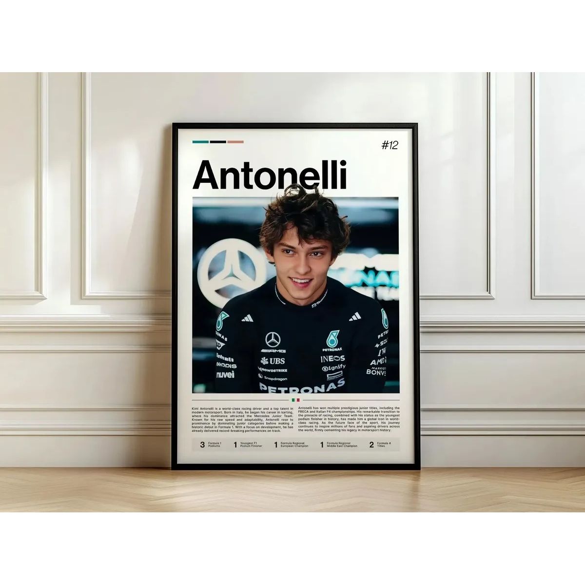 GENERICO - Cuadro Fórmula 1 Andrea Kimi Antonelli IV Mercedes Benz AMG F1 Decoración Automovilismo Marco Negro