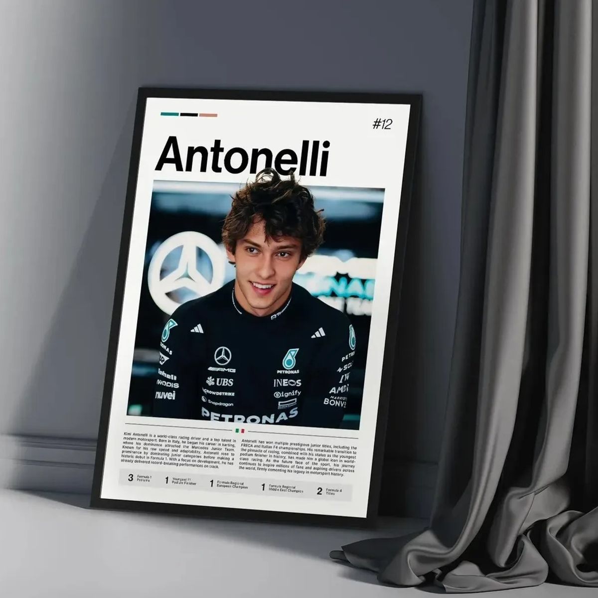 GENERICO - Cuadro Fórmula 1 Andrea Kimi Antonelli IV Mercedes Benz AMG F1 Decoración Automovilismo Marco Negro