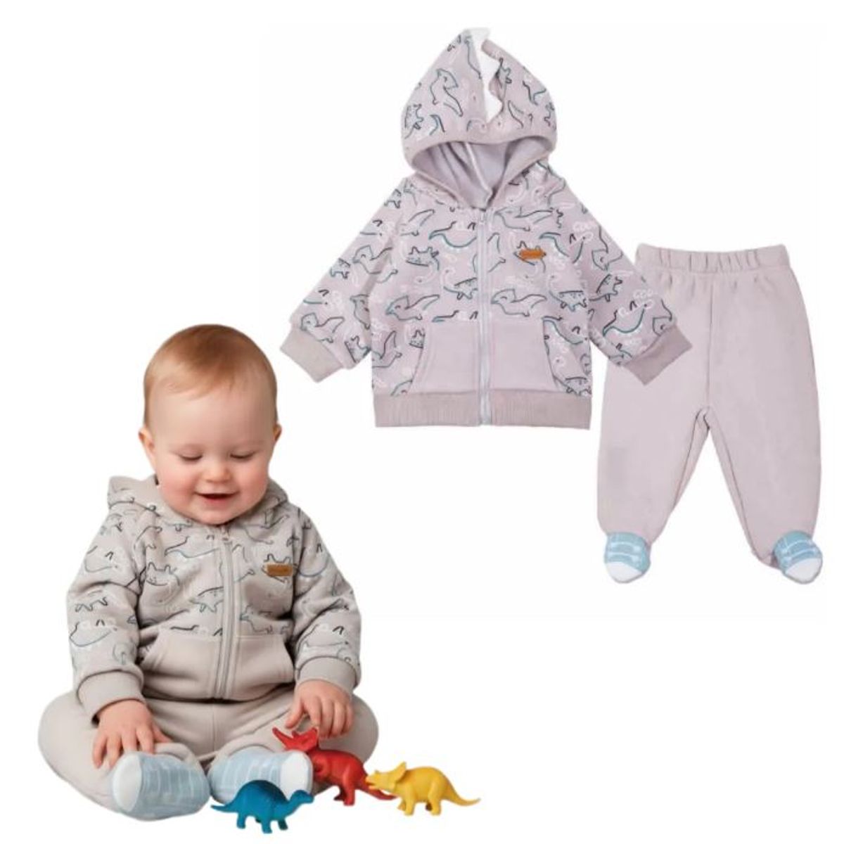 TEDMIMAK - conjunto niño algodon afranelado CON CAPUCHA DINOSAURIO GRIS