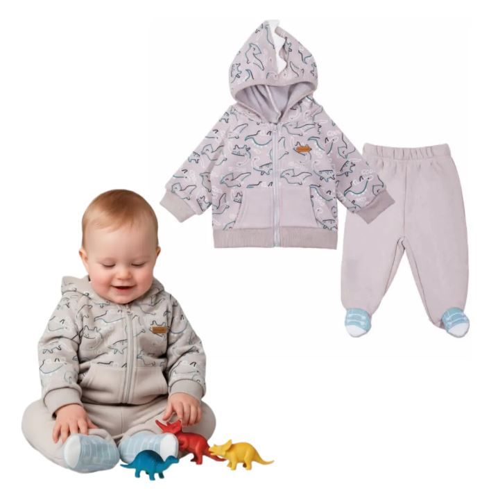 Conjunto nino algodon afranelado CON CAPUCHA DINOSAURIO GRIS Aceituna 0-3 MESES