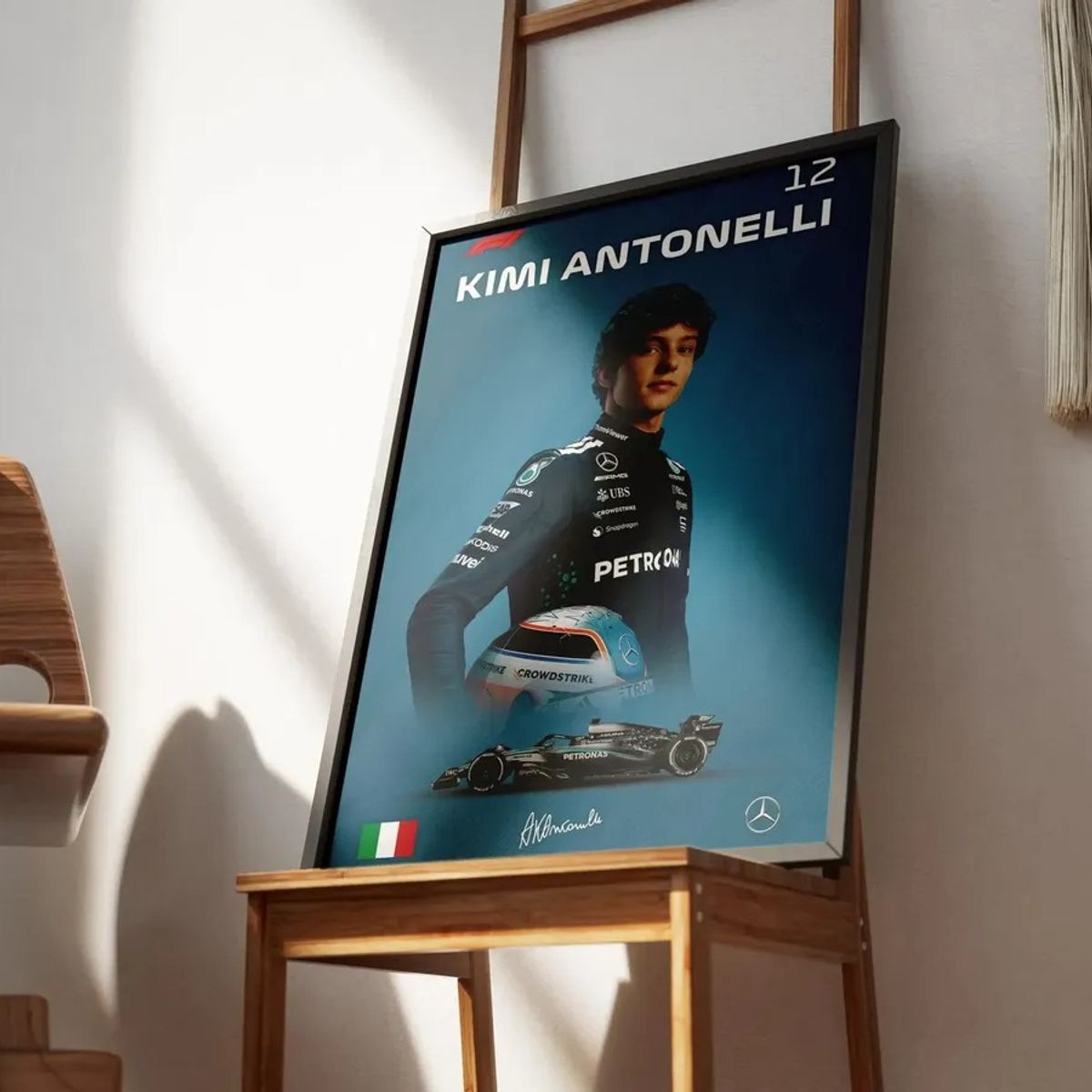 GENERICO - Cuadro Fórmula 1 Andrea Kimi Antonelli IX Mercedes Benz AMG F1 Decoración Automovilismo Marco Negro