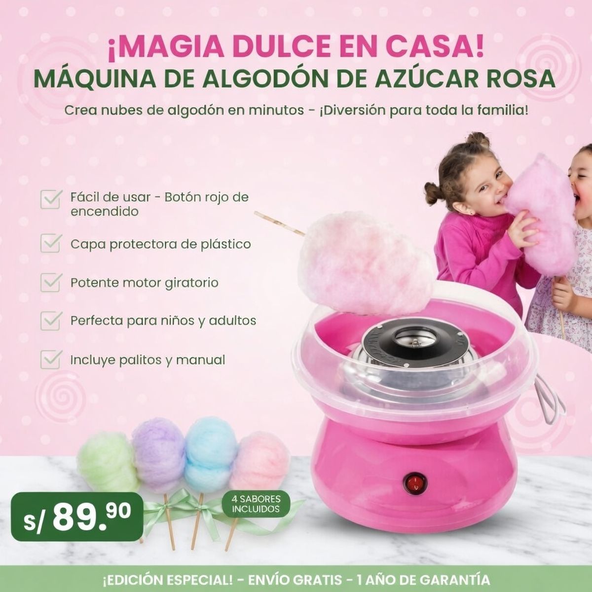 MOVI - Máquina de Algodón de Azúcar Rosa Para Eventos, Juegos y Complementar tu Cocina