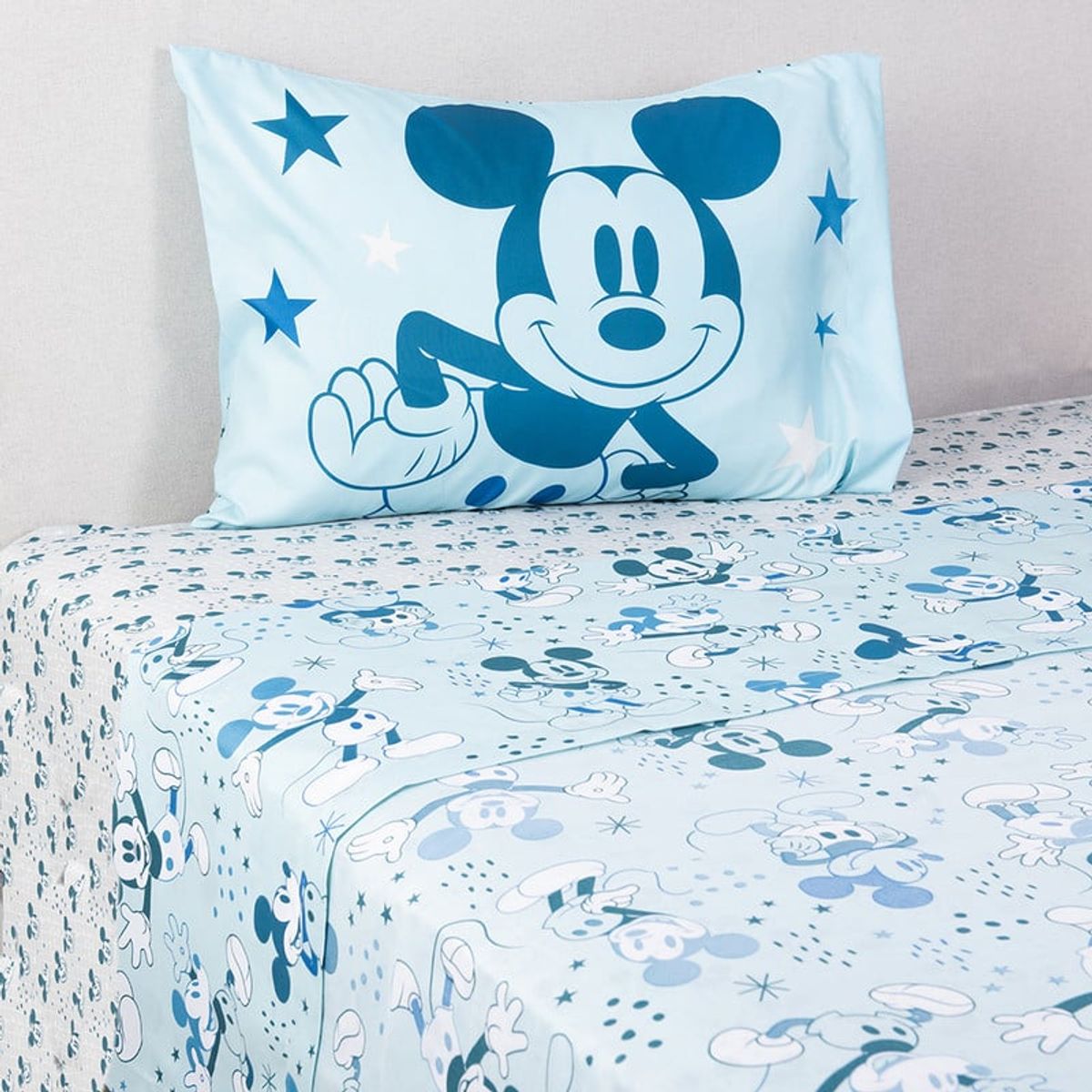 MASHINI - SABANAS MICROFIBRA MICKEY MOUSE CELESTE 1.5 PLAZAS