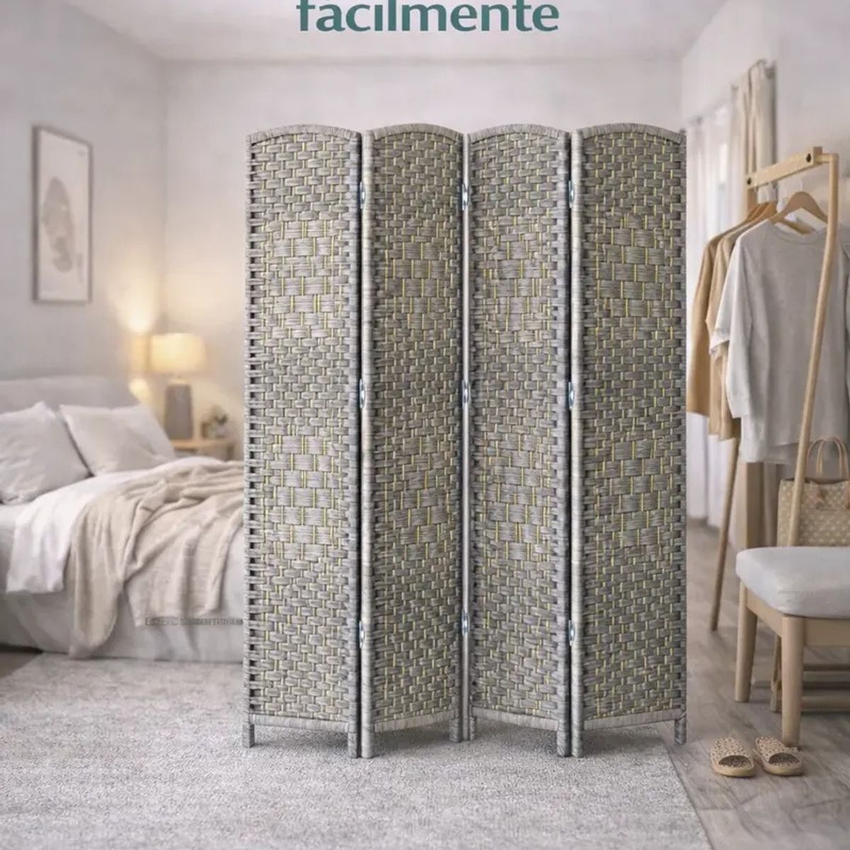 GENERICO - Biombo Separador Ambientes 4 Paneles 180 Cm Tela Decorativa Diseño Minimalista Plegable Gris Claro
