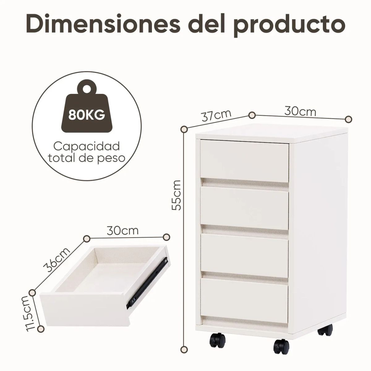 AIZO - 4 Cajones Mueble De Oficina Archivador Cajonera Gabinete Con Rueda