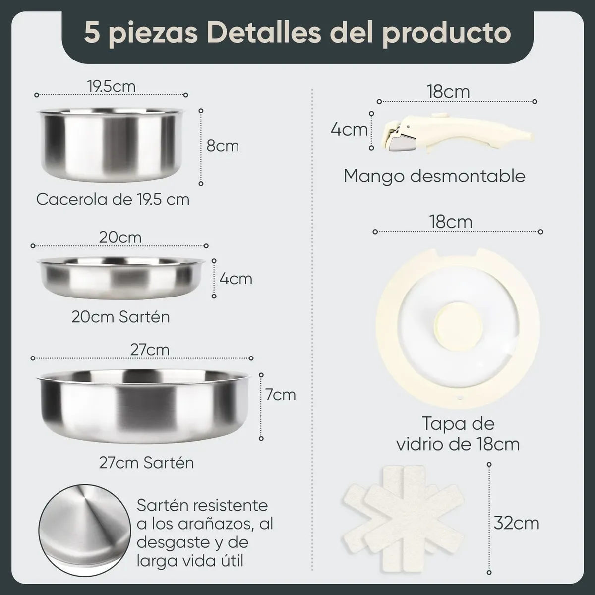 AIZO - Set de Ollas 5 Pcs Acero Inoxidable Mango Desmontable