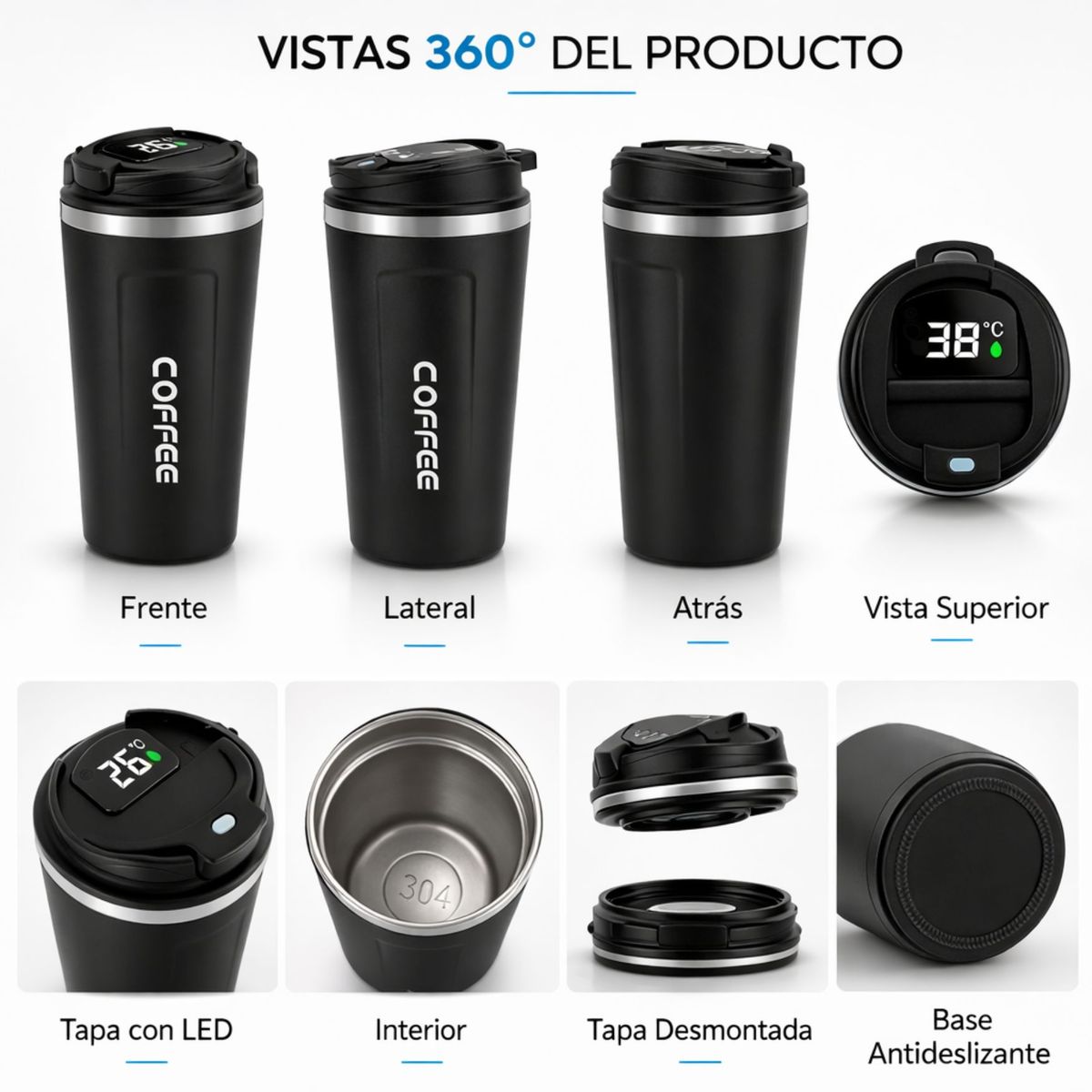MOVI - Vaso Térmico de Acero Inox con Pantalla Led y Control de Temperatura para Hombre - Frío y Caliente
