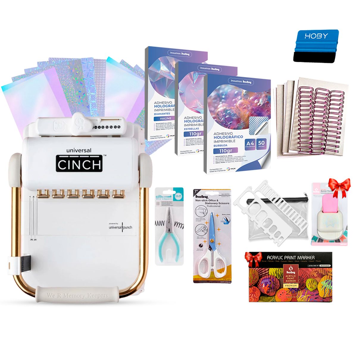 CINCH - Kit Encuadernadora Universal Cinch + Set de Papeles Holográficos y Regalos