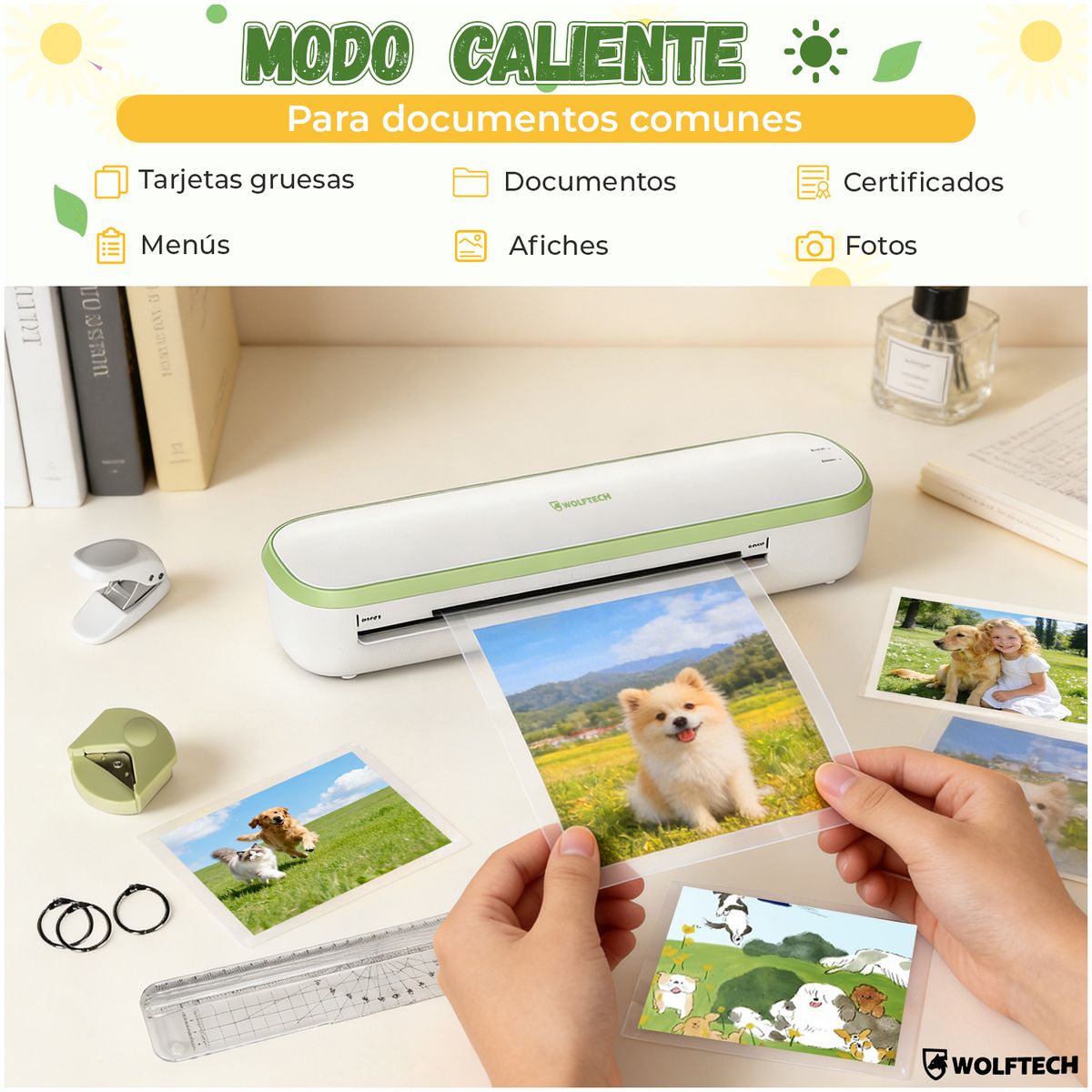 WOLFTECH - Termolaminadora Plastificadora A4 Multifuncional 100 Láminas Macaron Verde