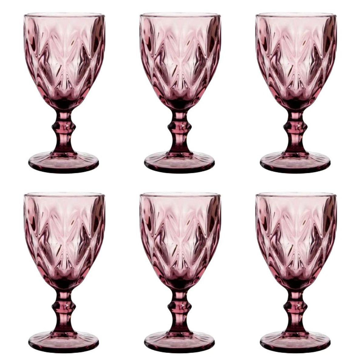 GENERICO - Copa de Vino de Vidrio con Relieve – Set de 6 Unidades Color Burdeo