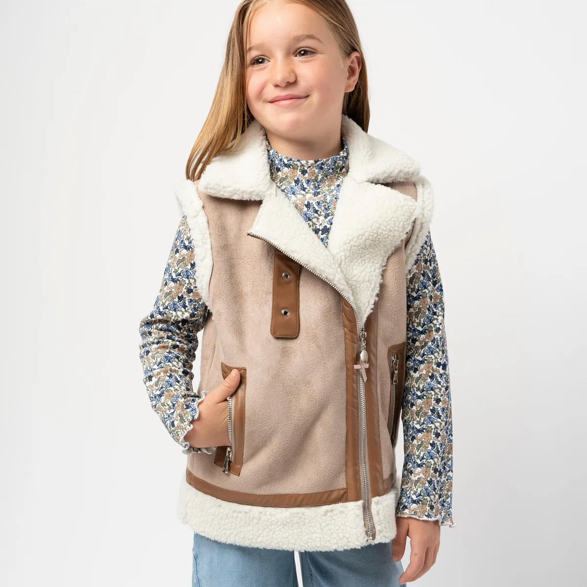 LIMONADA - Chaqueta niña de gamuza sin mangas beige Limonada