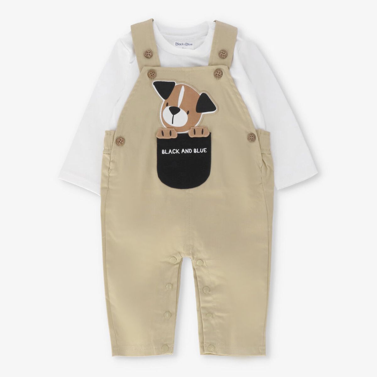 BLACK AND BLUE - Conjunto recién nacido con jardinera beige Black and blue