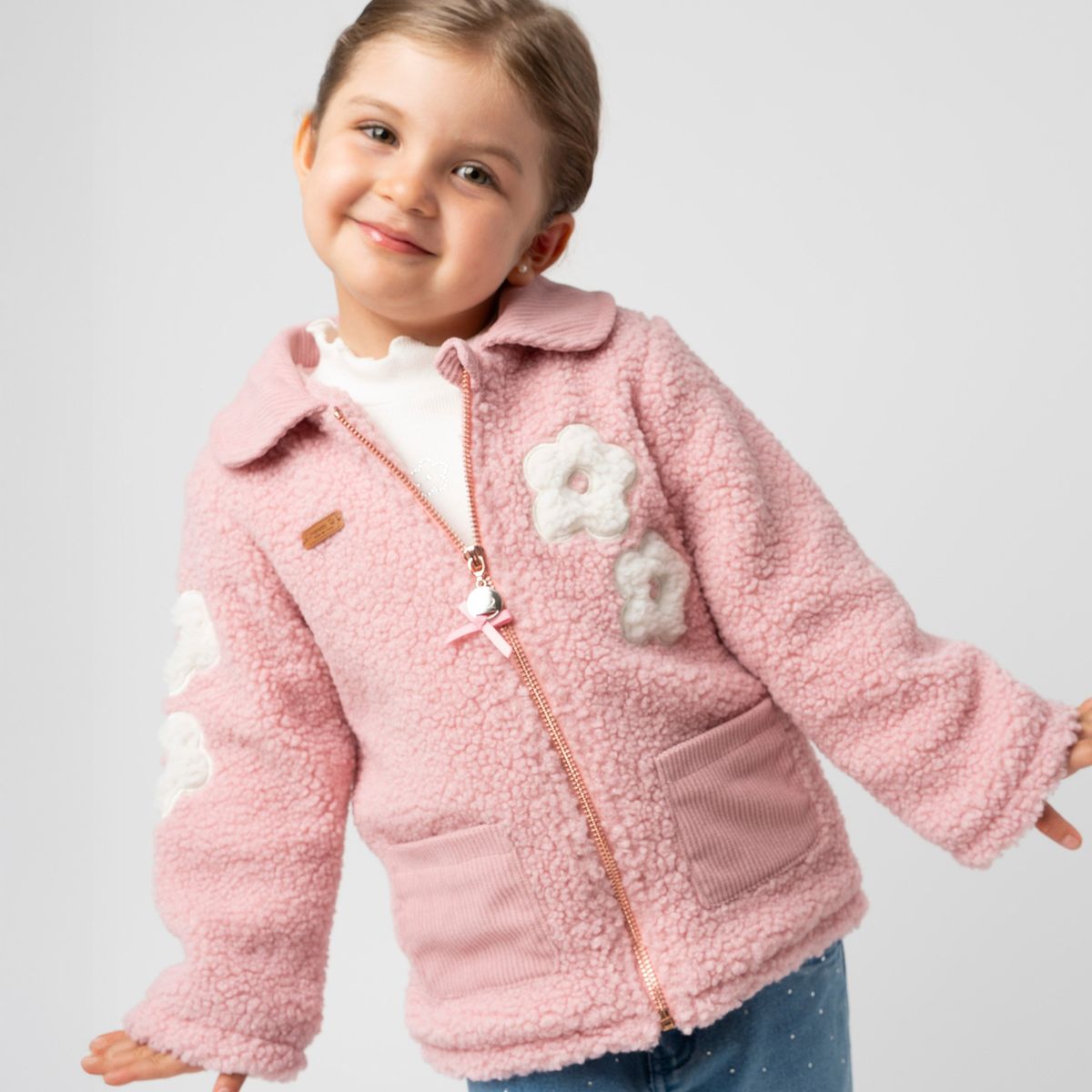 LIMONADA - Chaqueta bebé de sherpa con flores rosado Limonada