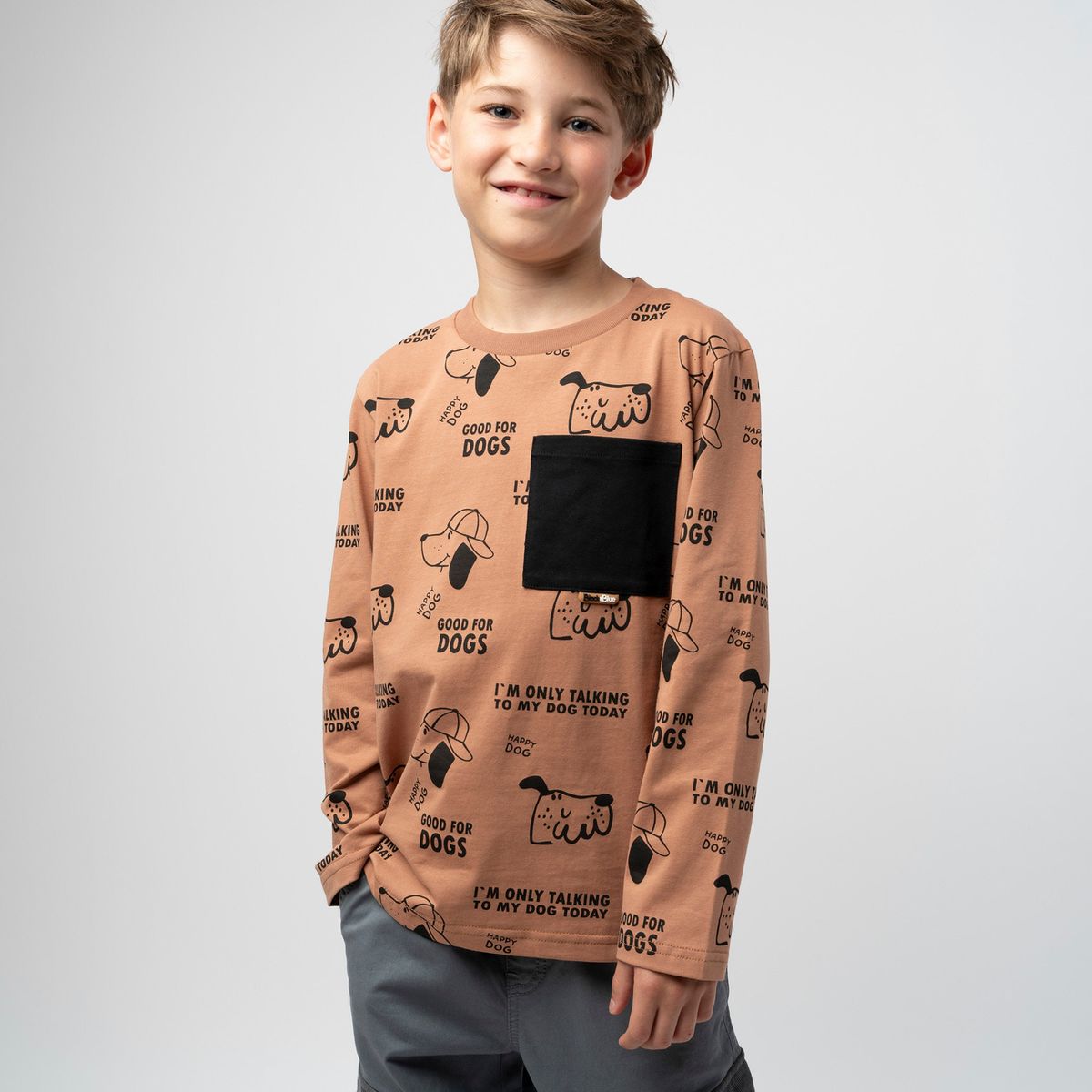 BLACK AND BLUE - Polera manga larga niño good for dogs camel Black and blue