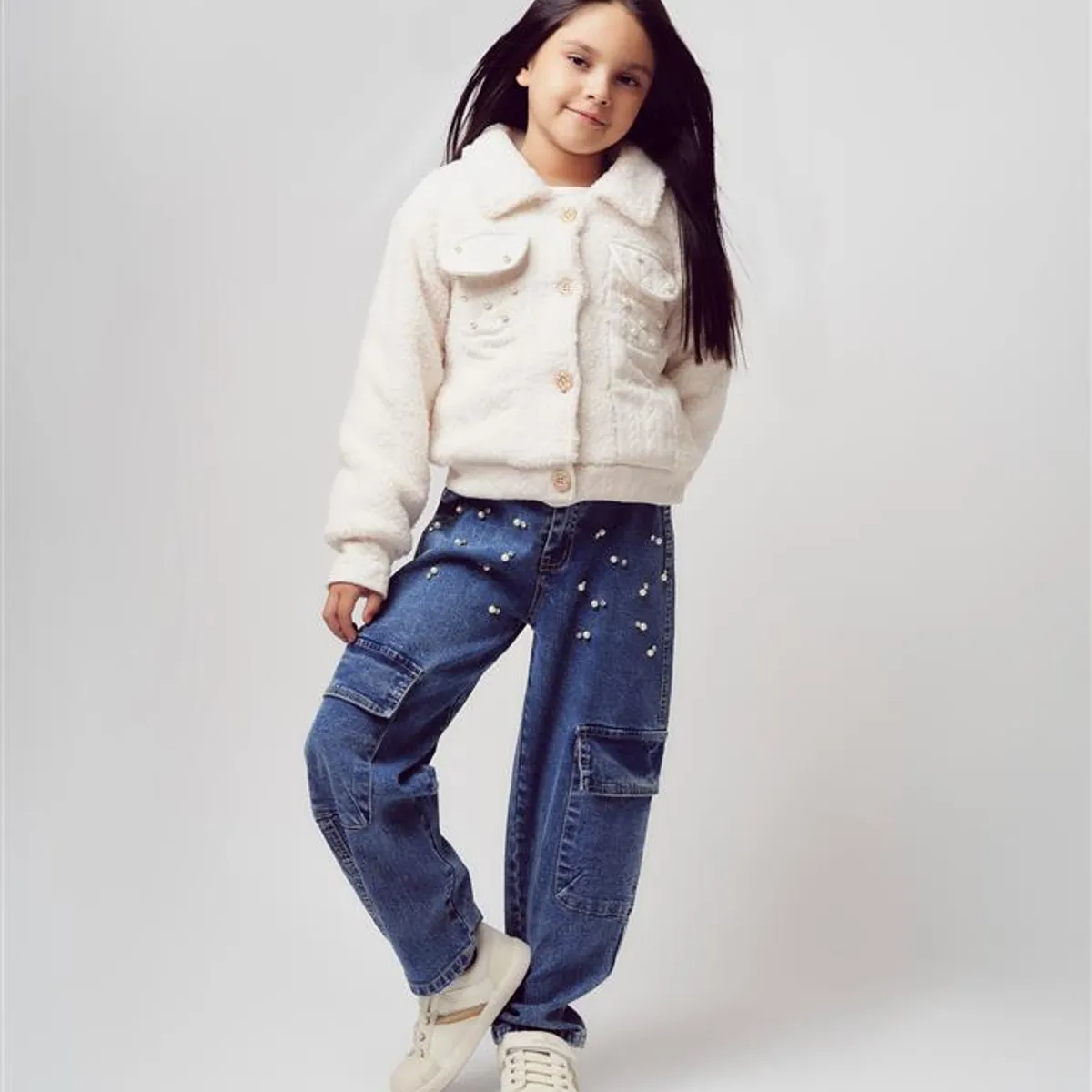 LIMONADA - Jeans niña barrel con perlas denim azul Limonada