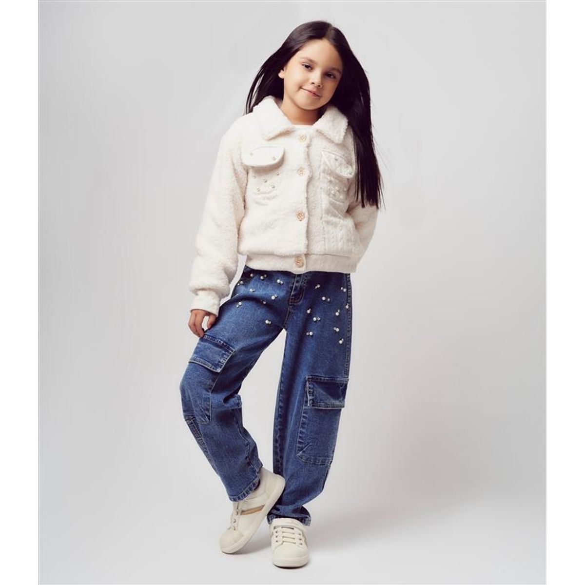 LIMONADA - Jeans niña barrel con perlas denim azul Limonada