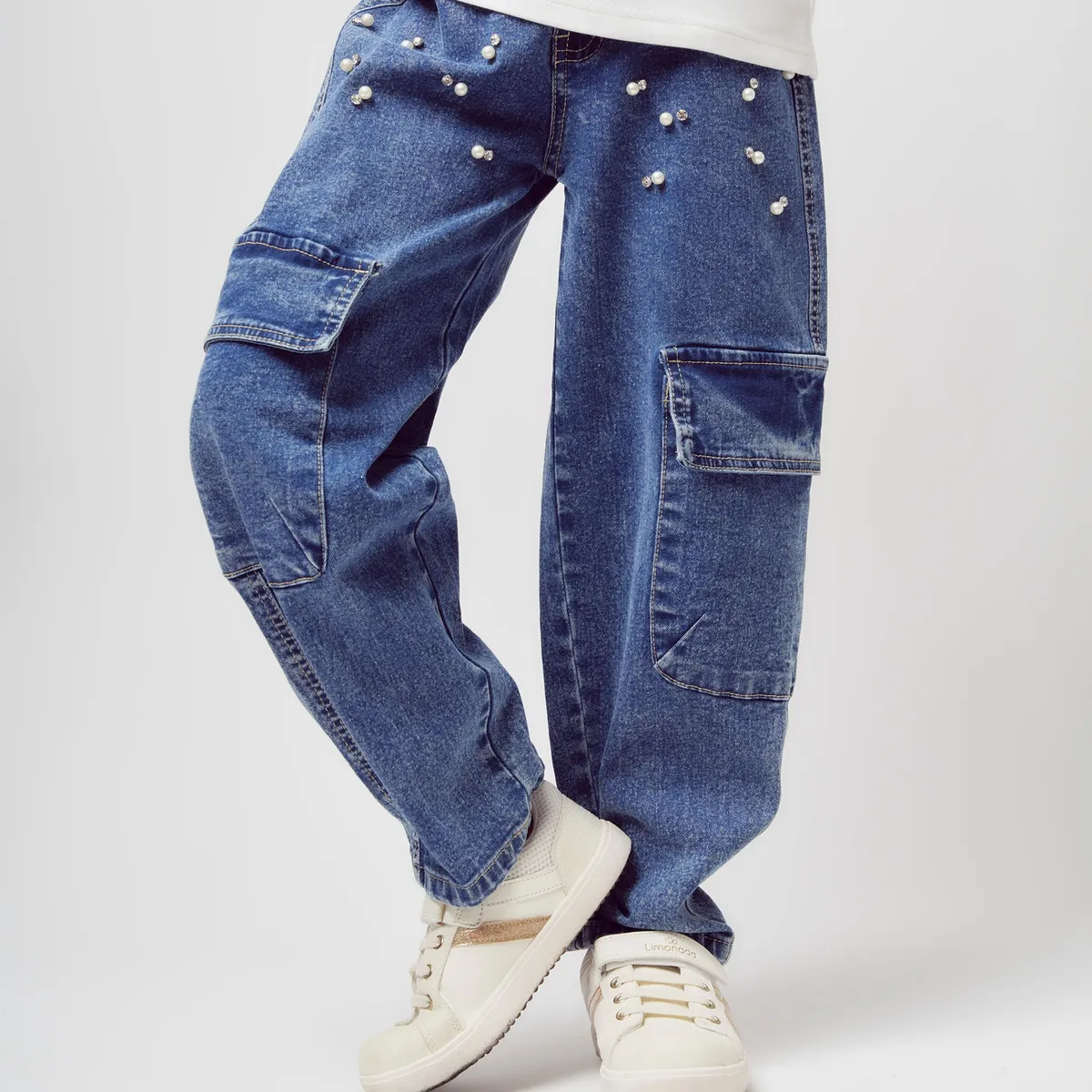 LIMONADA - Jeans niña barrel con perlas denim azul Limonada