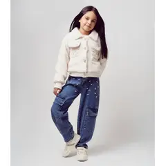 LIMONADA - Jeans niña barrel con perlas denim azul