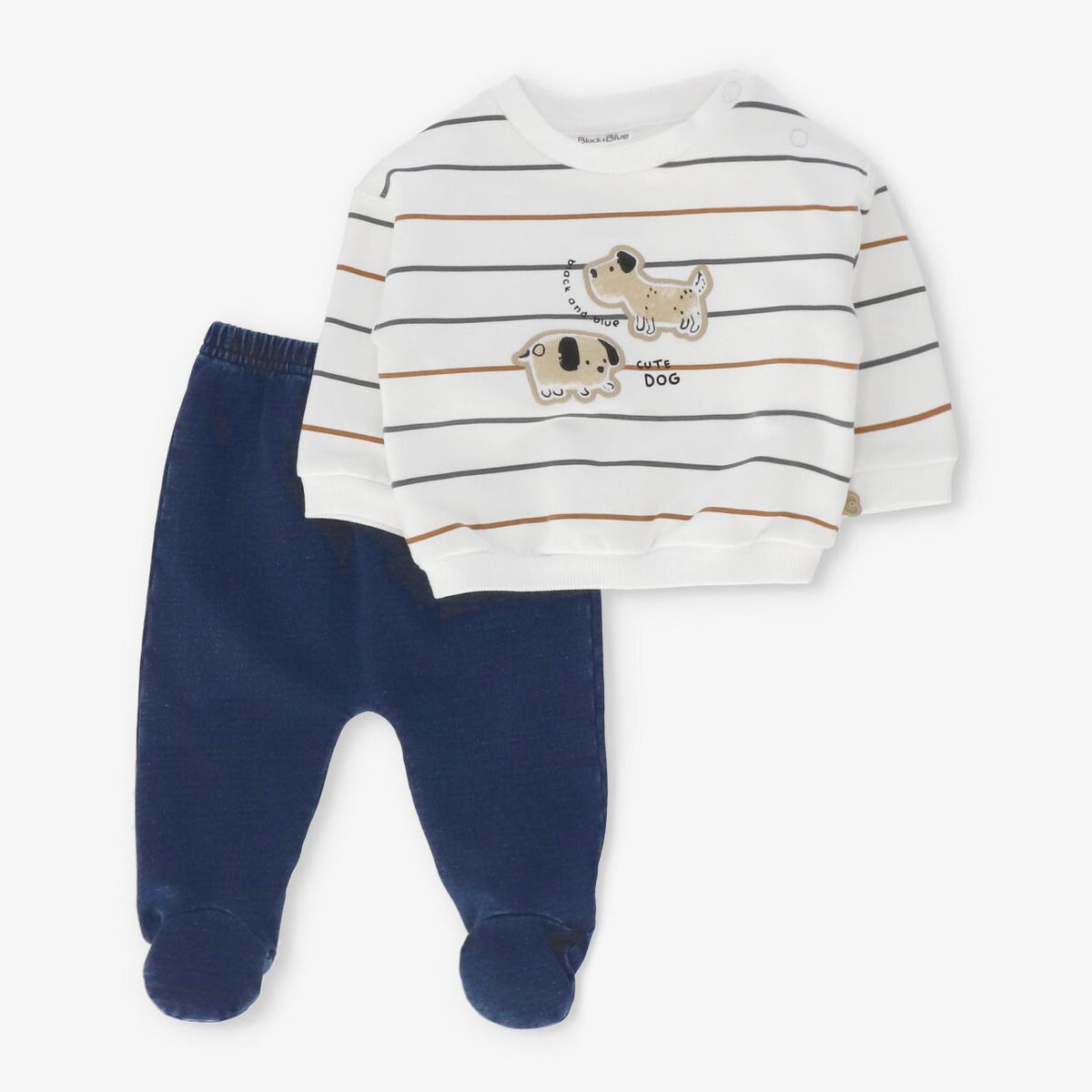 BLACK AND BLUE - Conjunto recién nacido con perritos crudo Black and blue