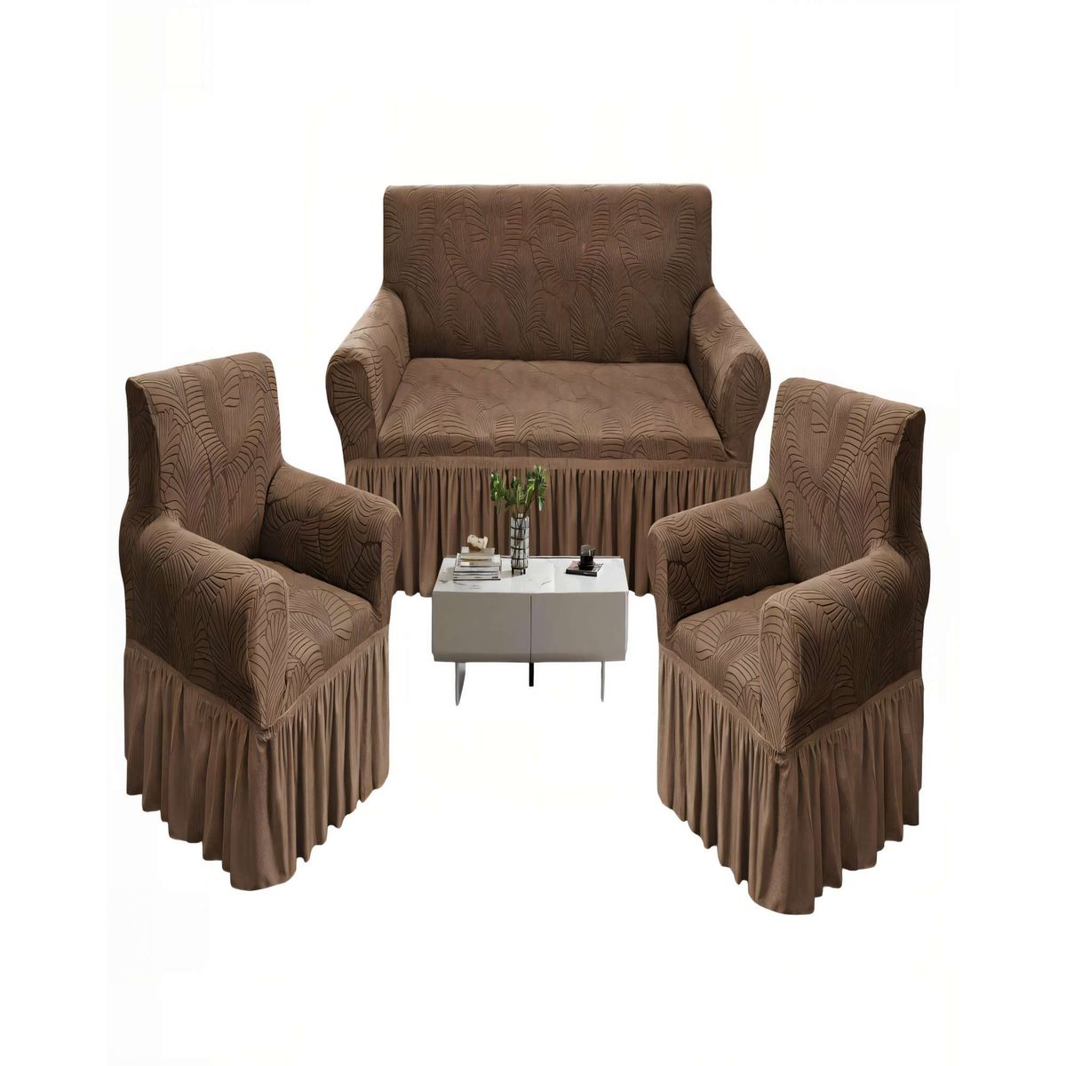 GENERICO - SET DE FUNDAS DE SOFA 3+1+1 CON DISEÑO EN FORMA DE HOJA CON VELO 3-1-1 COLOR CAFÉ