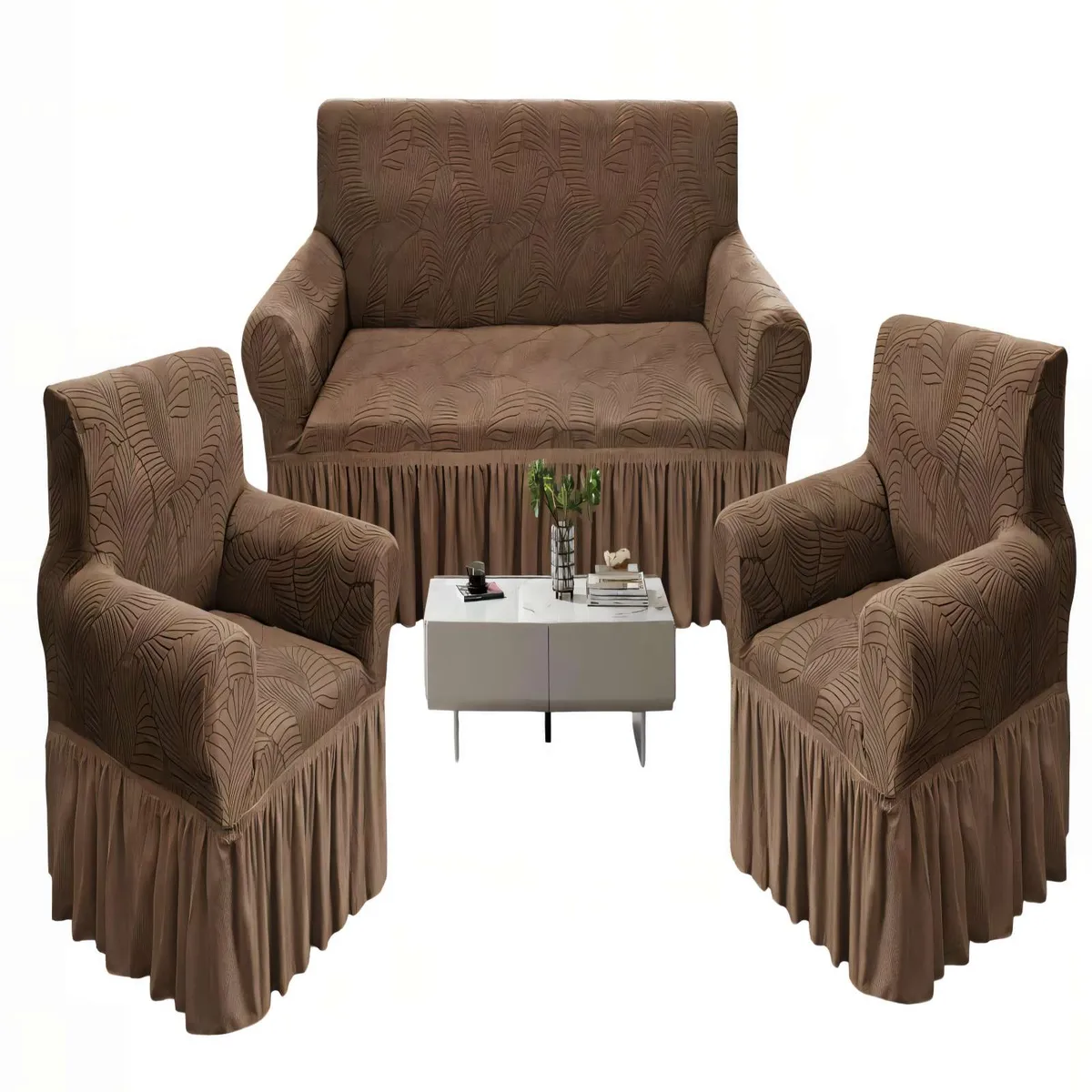 GENERICO - SET DE FUNDAS DE SOFA 3+1+1 CON DISEÑO EN FORMA DE HOJA CON VELO 3-1-1 COLOR CAFÉ