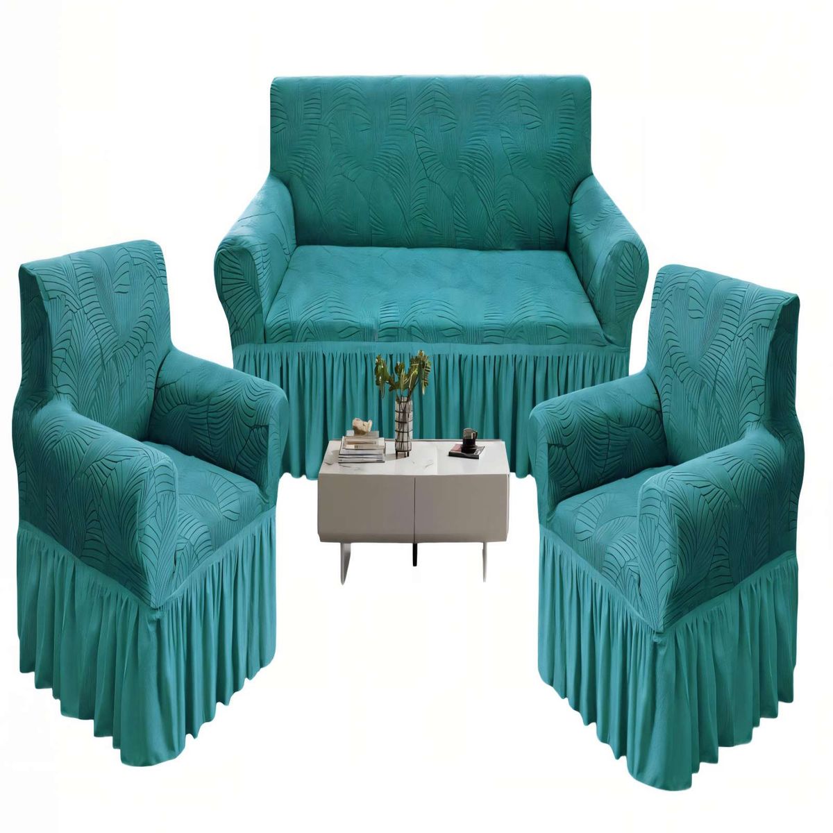 GENERICO - SET DE FUNDAS DE SOFA 3+1+1 CON DISEÑO EN FORMA DE HOJA CON VELO 3-1-1 COLOR TURQUESA