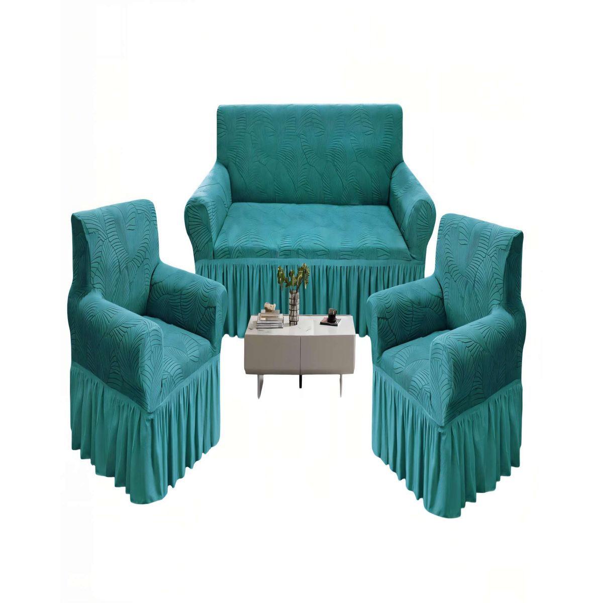 GENERICO - SET DE FUNDAS DE SOFA 3+1+1 CON DISEÑO EN FORMA DE HOJA CON VELO 3-1-1 COLOR TURQUESA