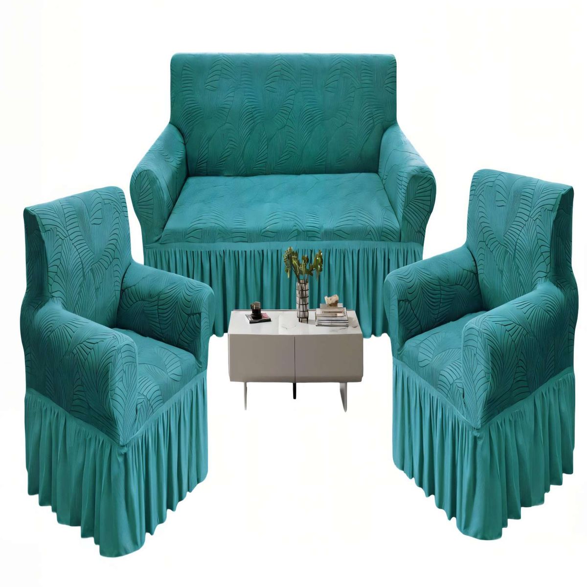 GENERICO - SET DE FUNDAS DE SOFA 3+1+1 CON DISEÑO EN FORMA DE HOJA CON VELO 3-1-1 COLOR TURQUESA