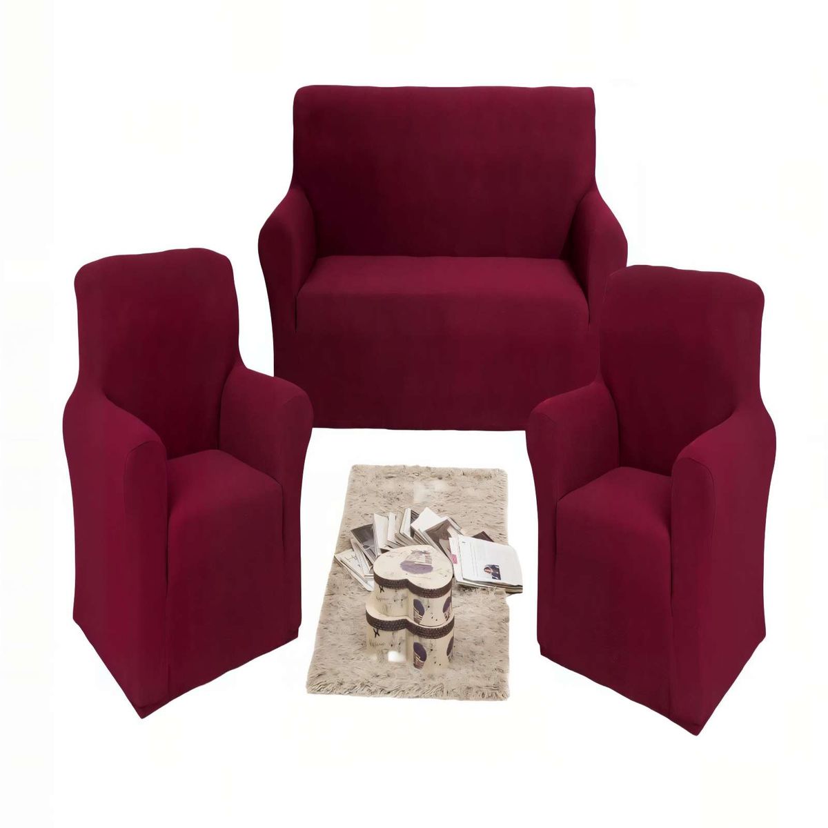 GENERICO - SET DE FUNDAS DE SOFA CUADRILLE 3+1+1 COLOR BURDEO