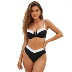 HAMI BOUTIQUE - Bikini Bicolor Negro con Blanco - Top con Soporte y Bottom de Tiro Alto