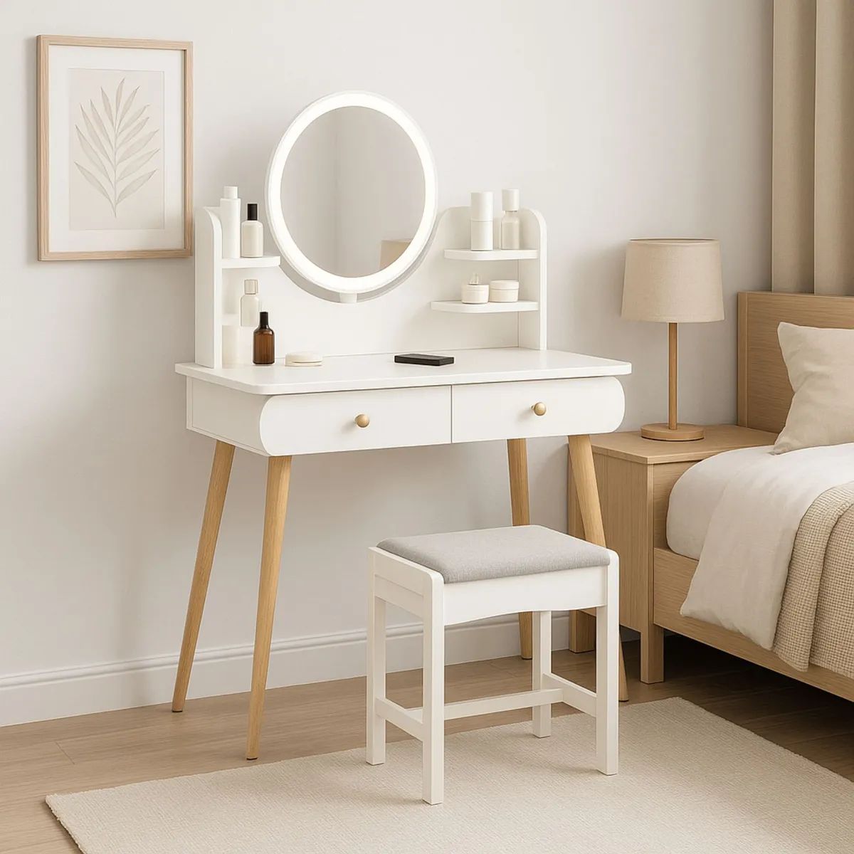 MOVI - Tocador Moderno con Luz Led, Espejo +2 Cajones +Asiento Estilo Comodidad y Elegancia