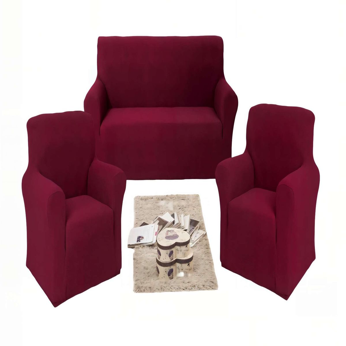 GENERICO - JUEGO DE FUNDAS DE SOFA 110 CM X 210 CM X 80 CMCUADRILLE 3+1+1 COLOR BURDEO