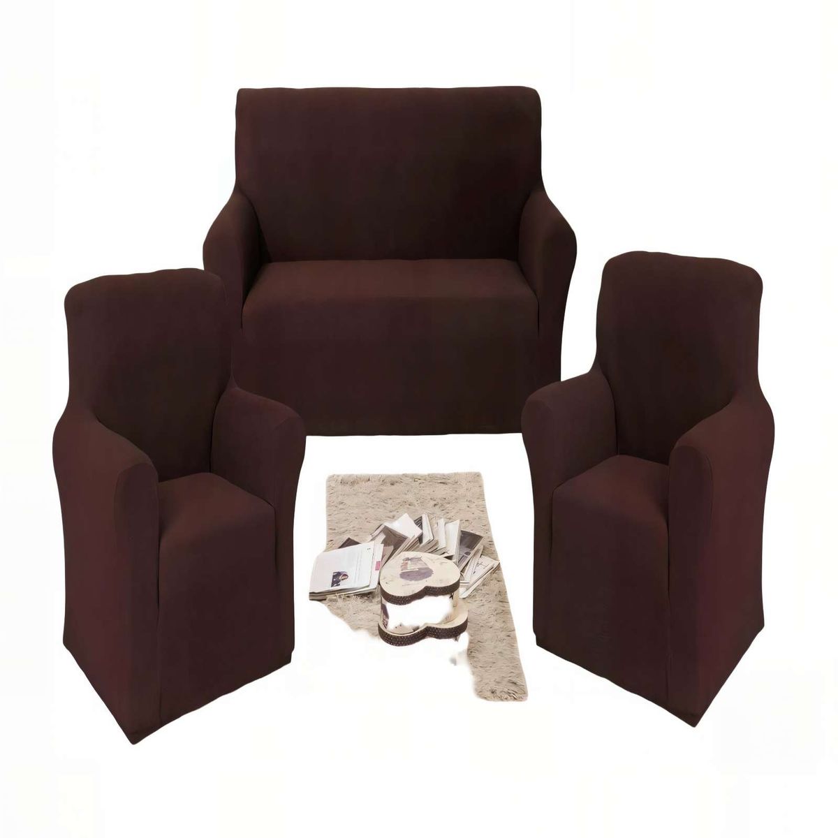 GENERICO - JUEGO DE FUNDAS DE SOFA 110 CM X 210 CM X 80 CMCUADRILLE 3+1+1 COLOR MARRON