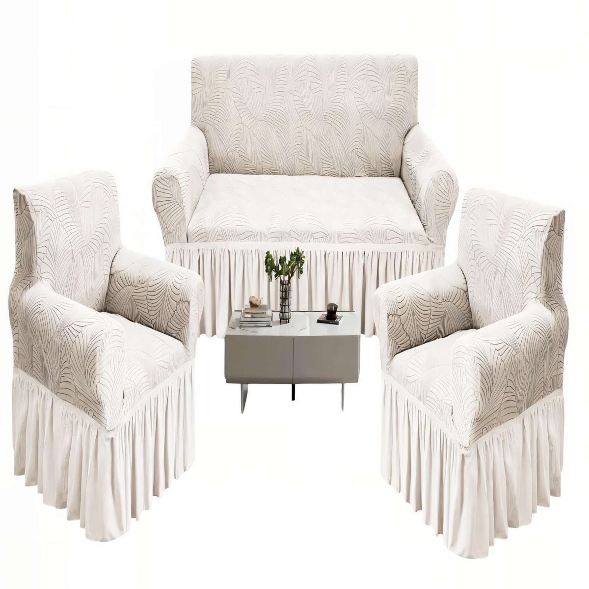 GENERICO - JUEGO DE FUNDAS DE SOFA 110 CM X 210 CM X 80 CM3+1+1 CON DISEÑO EN FORMA DE HOJA CON VELO 3-1-1 COLOR BLANCO